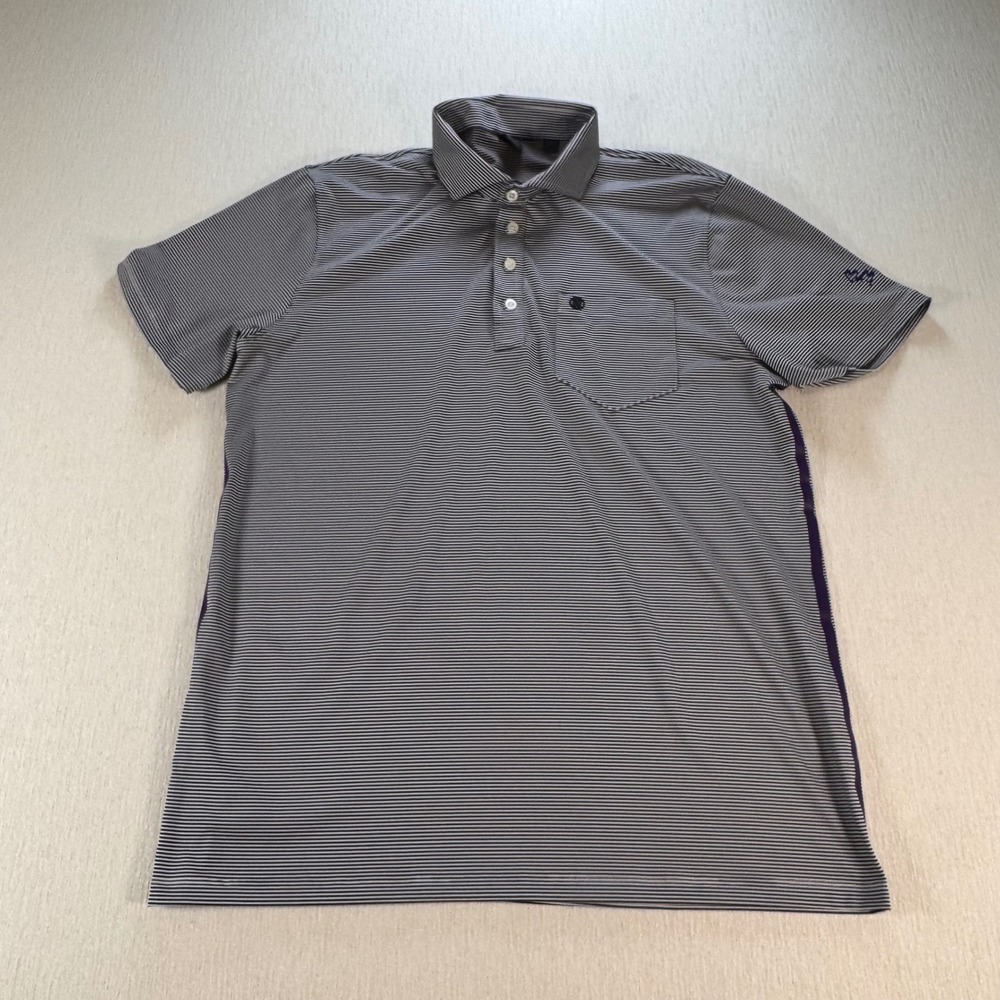 G/FORE Mens Large Black White Micro Stripe Purple Side Stripe Golf Polo Shirt